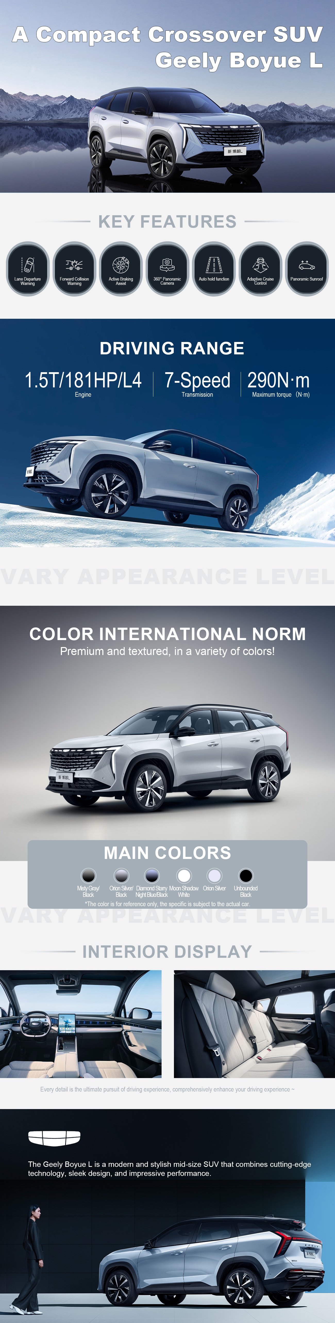 The Geely Boyue L is a modern and stylish mid-size SUV that combines cutting-edge technology, sleek design, and impressive performance.