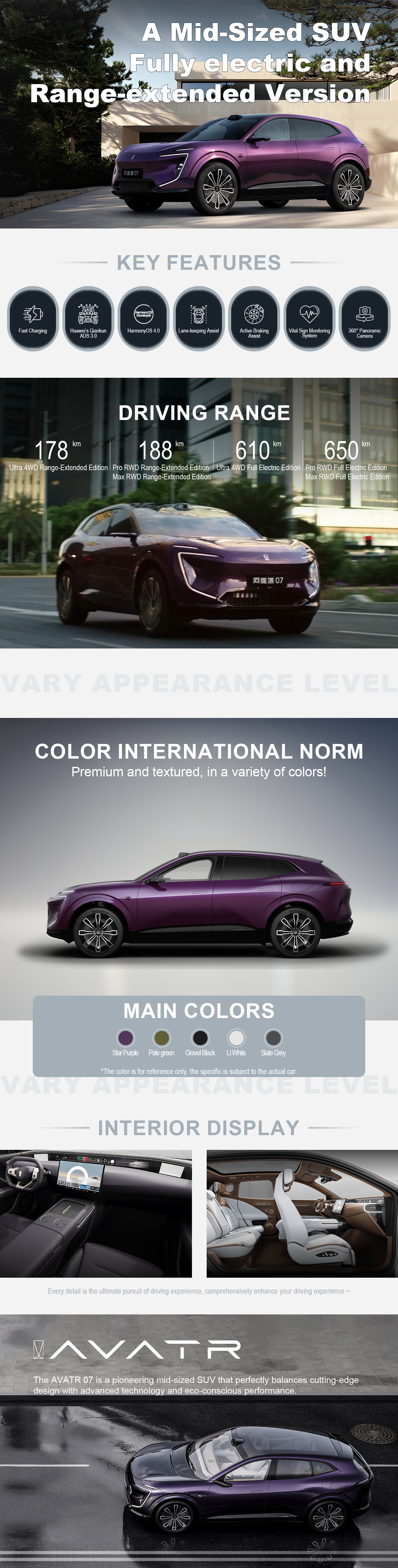 The AVATR 07 is a pioneering mid-sized SUV that perfectly balances cutting-edge design with advanced technology and eco-conscious performance.