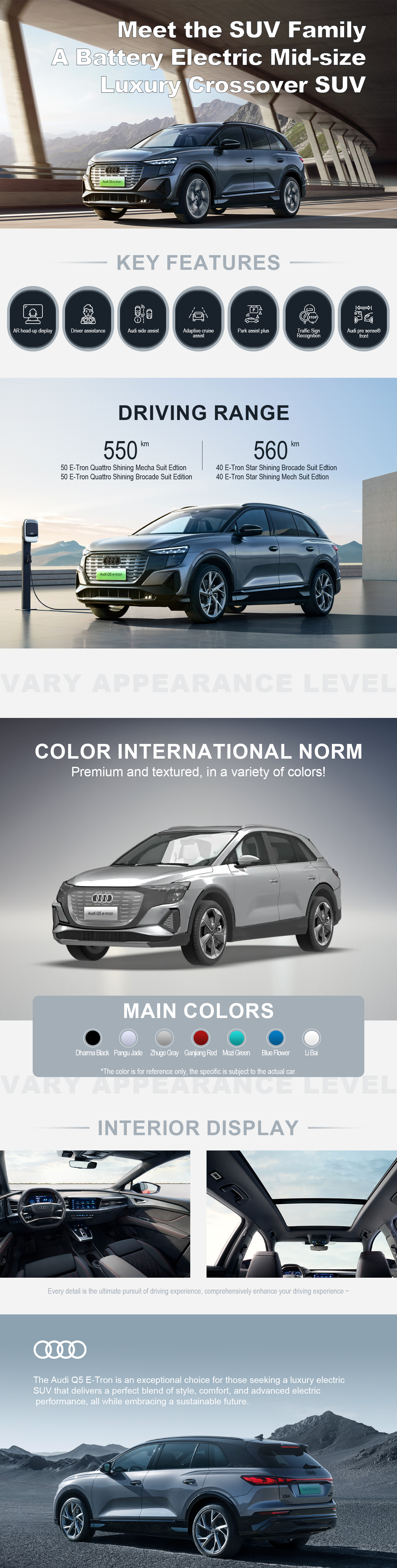 The Audi Q5 E-Tron is an exceptional choice for those seeking a luxury electric SUV that delivers a perfect blend of style, comfort, and advanced electric performance, all while embracing a sustainable future.