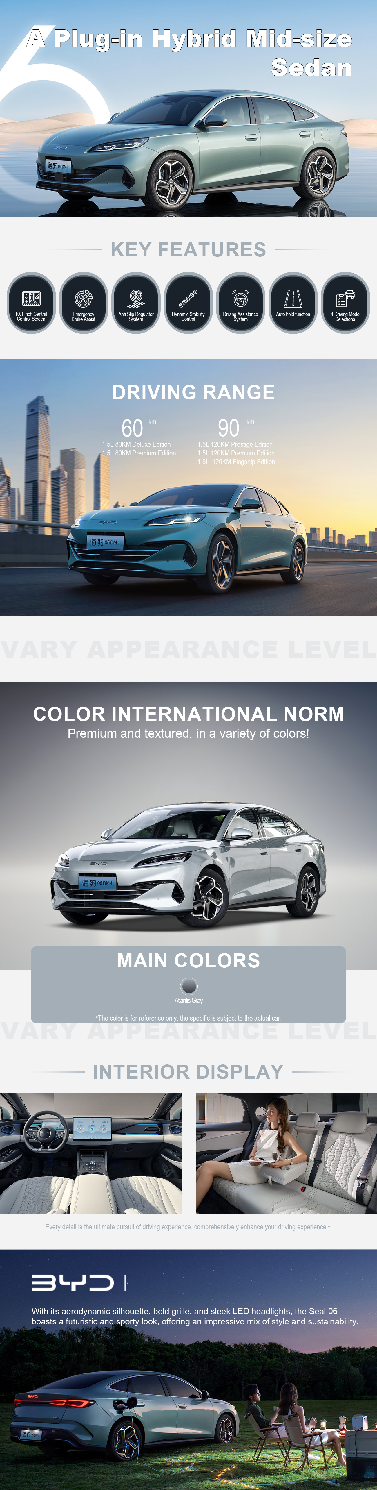 With its aerodynamic silhouette, bold grille, and sleek LED headlights, the Seal 06 boasts a futuristic and sporty look, offering an impressive mix of style and sustainability.