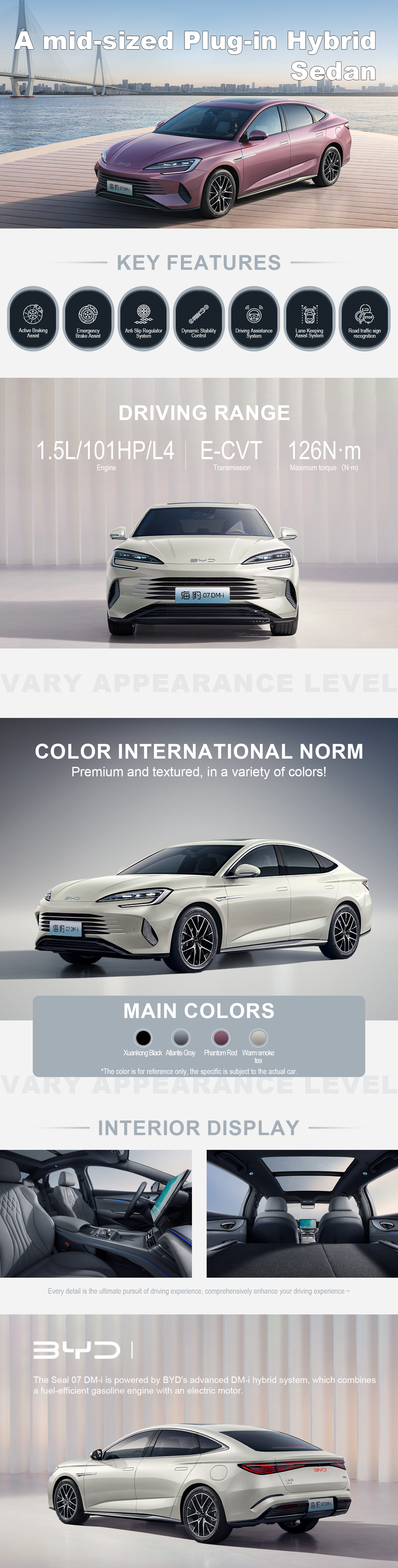 The Seal 07 DM-i is powered by BYD's advanced DM-i hybrid system, which combines a fuel-efficient gasoline engine with an electric motor.