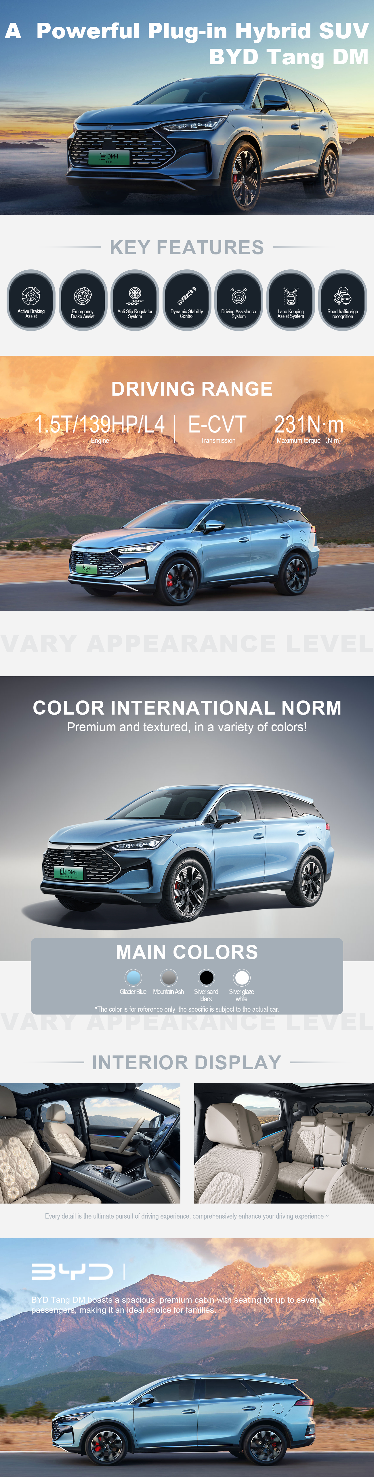 BYD Tang DM boasts a spacious, premium cabin with seating for up to seven passengers, making it an ideal choice for families.