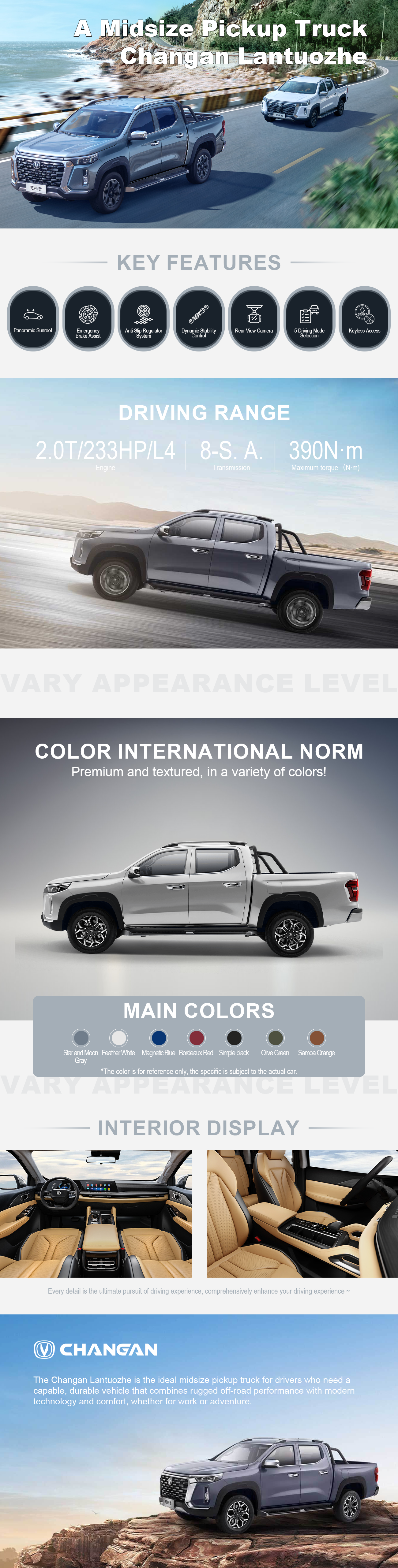The Changan Lantazhe is a mid-size pickup truck. It has 4WD, up to 232 horses, and an 8-speed automatic gearbox.