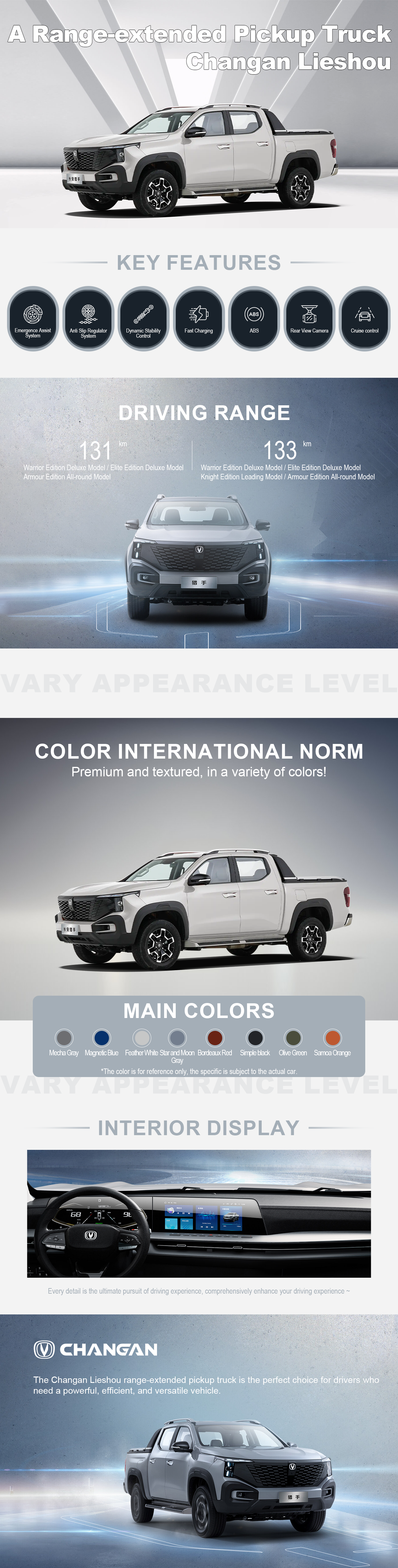 The Changan Lieshou range-extended pickup truck is the perfect choice for drivers who need a powerful, efficient, and versatile vehicle.