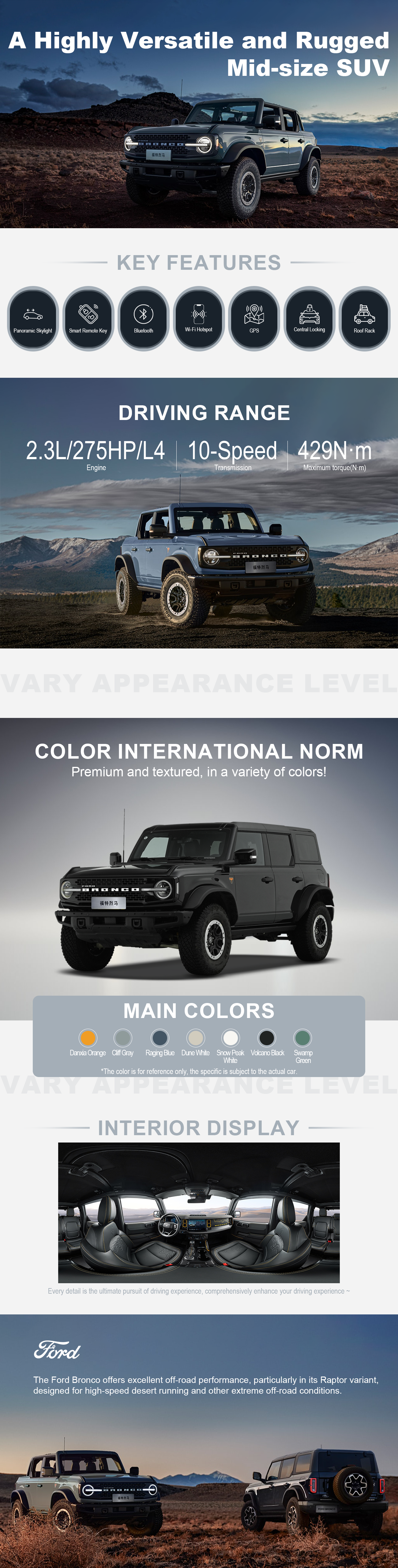 The Ford Bronco offers excellent off-road performance, particularly in its Raptor variant, designed for high-speed desert running and other extreme off-road conditions.