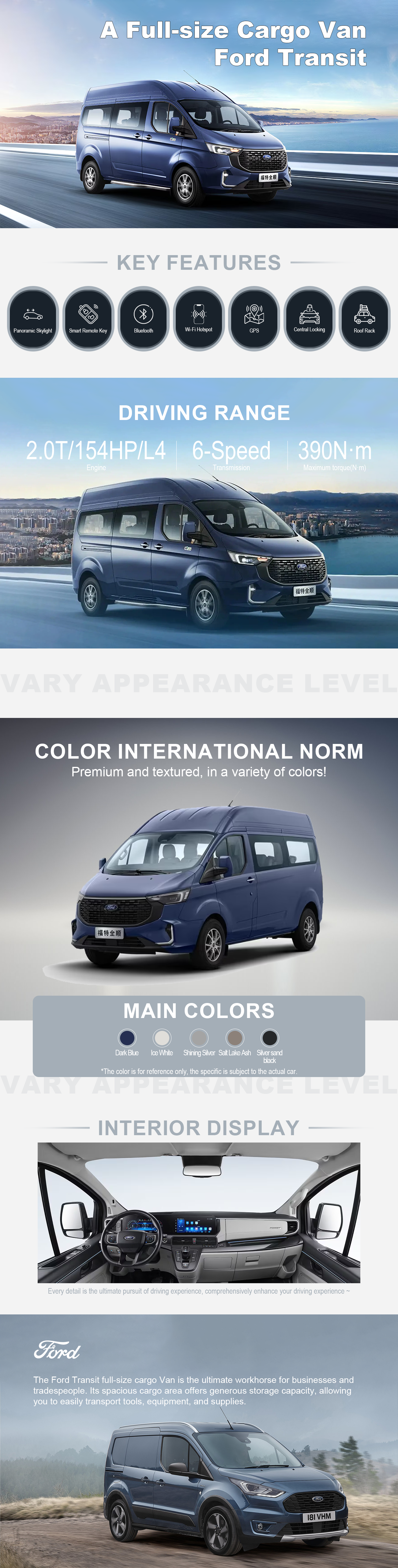 The Ford Transit full-size cargo Van is the ultimate workhorse for businesses and tradespeople. Its spacious cargo area offers generous storage capacity, allowing you to transport tools, equipment, and supplies easily.