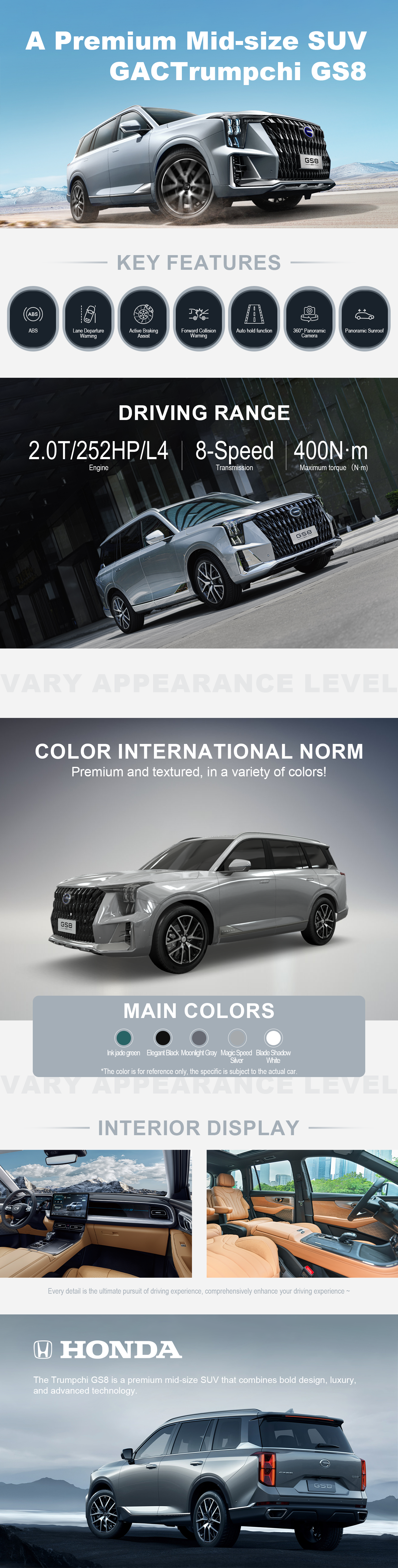 The Trumpchi GS8 is a premium mid-size SUV that combines bold design, luxury, and advanced technology.