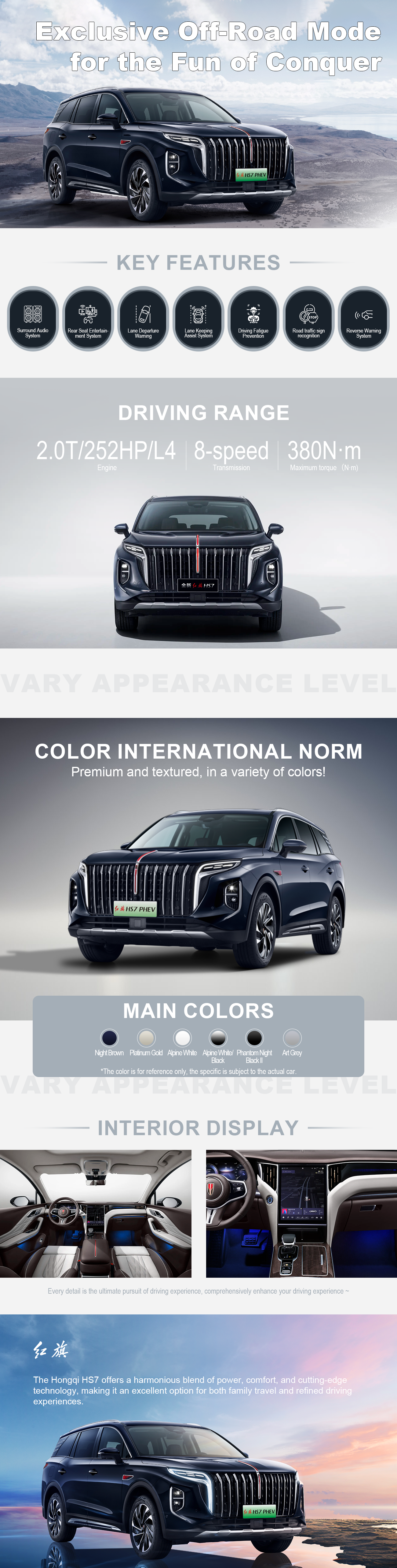 The Hongqi HS7 offers a harmonious blend of power, comfort, and cutting-edge technology, making it an excellent option for both family travel and refined driving experiences.