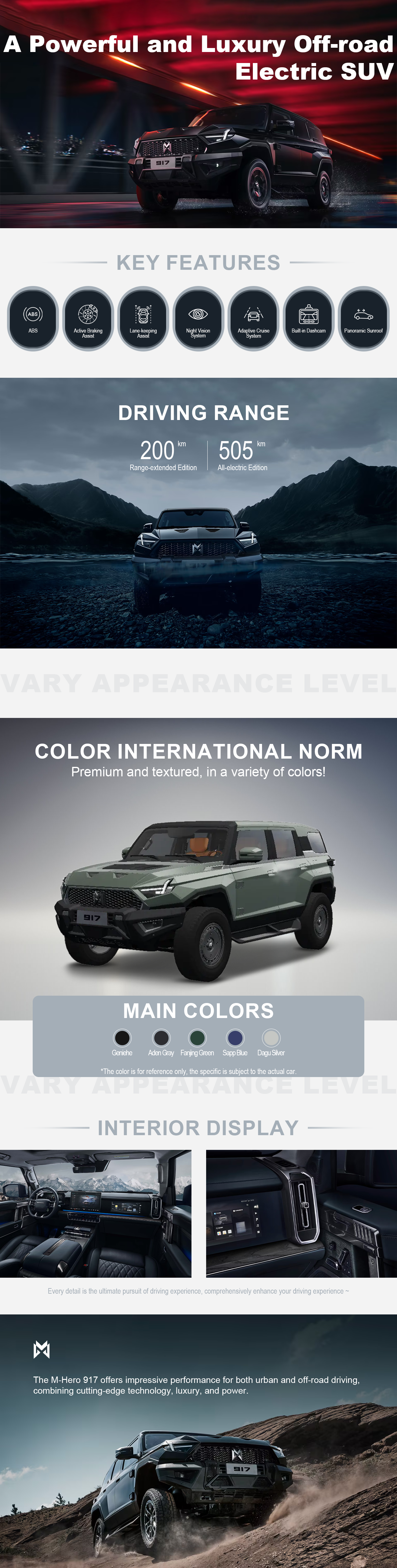 The M-Hero 917 offers impressive performance for both urban and off-road driving, combining cutting-edge technology, luxury, and power​.