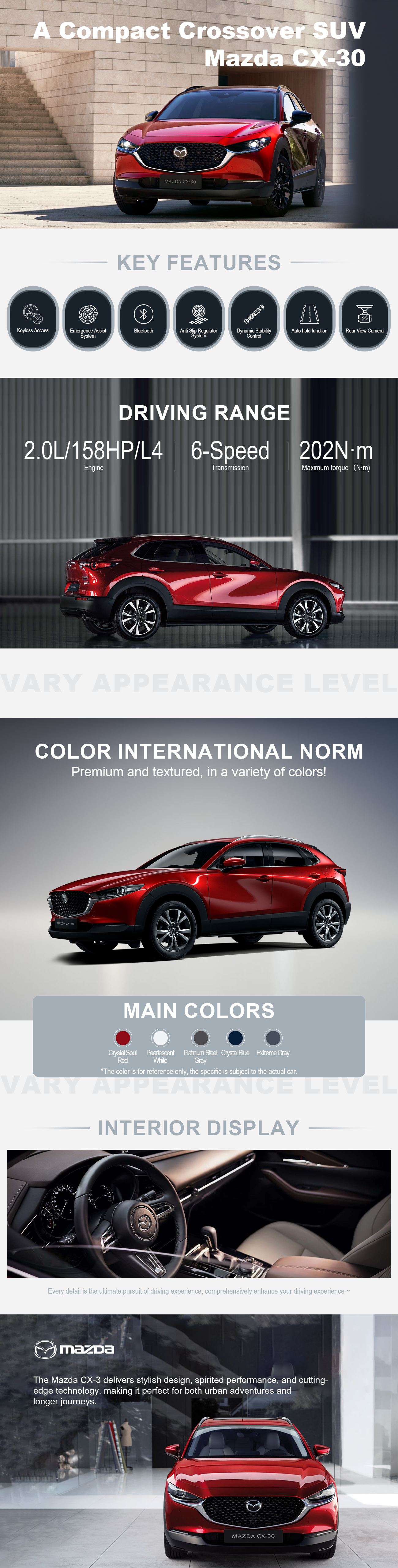 The Mazda CX-30 delivers a stylish design, spirited performance, and cutting-edge technology, making it perfect for both urban adventures and longer journeys.
