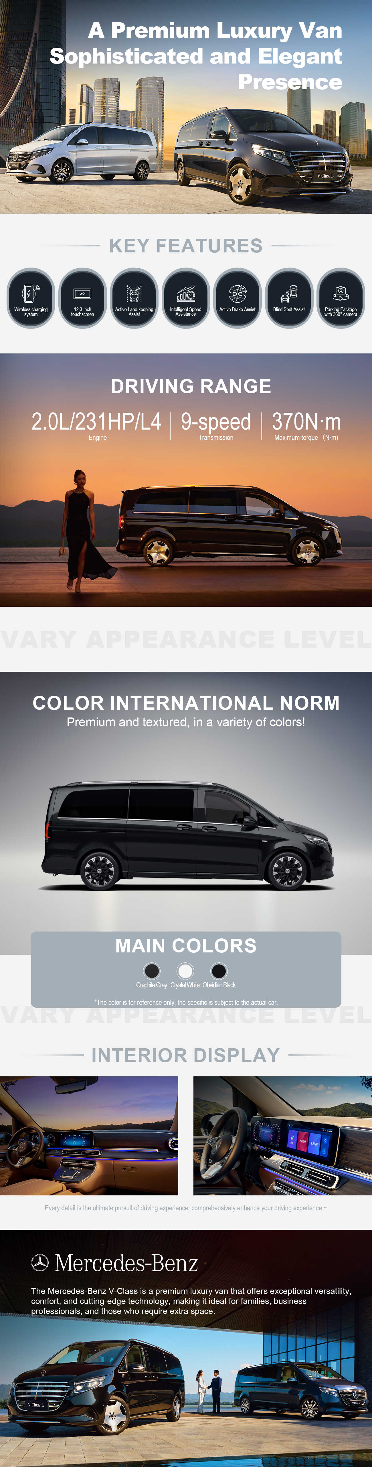 The Mercedes-Benz V-Class is a premium luxury van that offers exceptional versatility, comfort, and cutting-edge technology, making it ideal for families, business professionals, and those who require extra space.