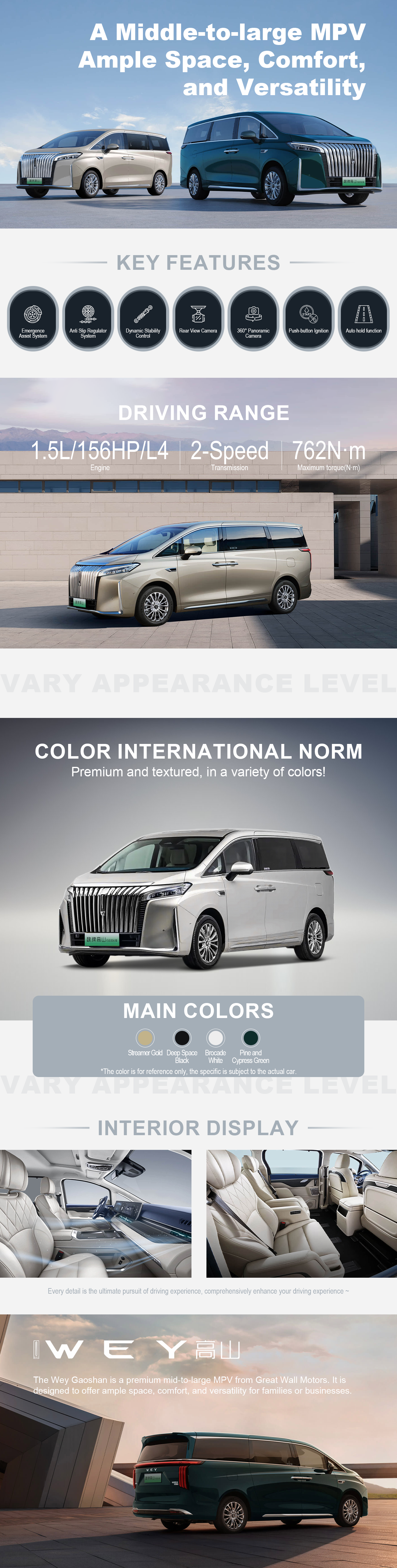 The Wey Gaoshan is a premium mid-to-large MPV from Great Wall Motors. It is designed to offer ample space, comfort, and versatility for families or businesses.