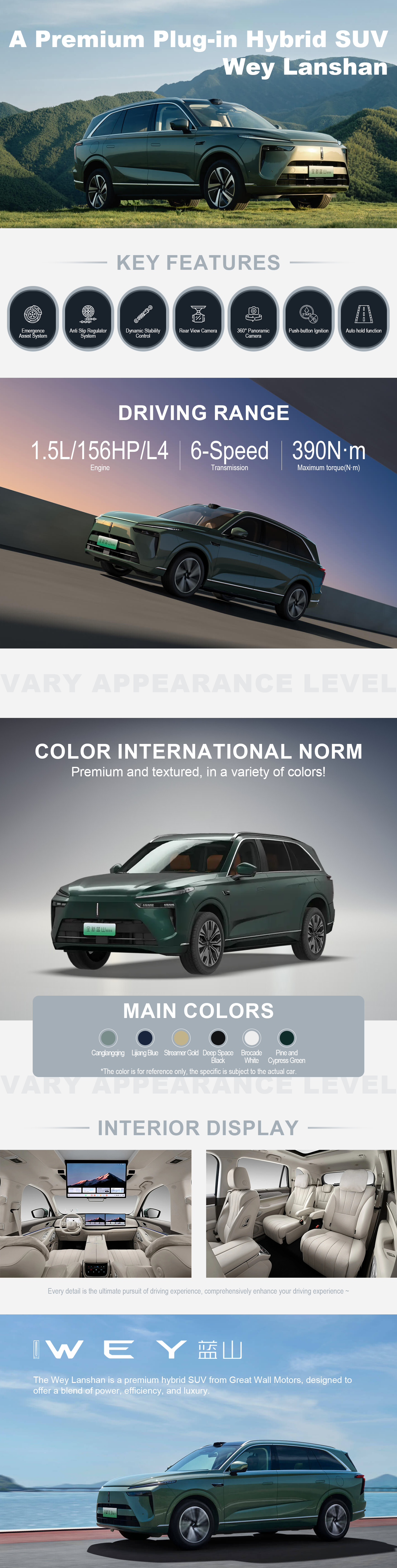 The Wey Lanshan is a premium hybrid SUV from Great Wall Motors, designed to offer a blend of power, efficiency, and luxury.