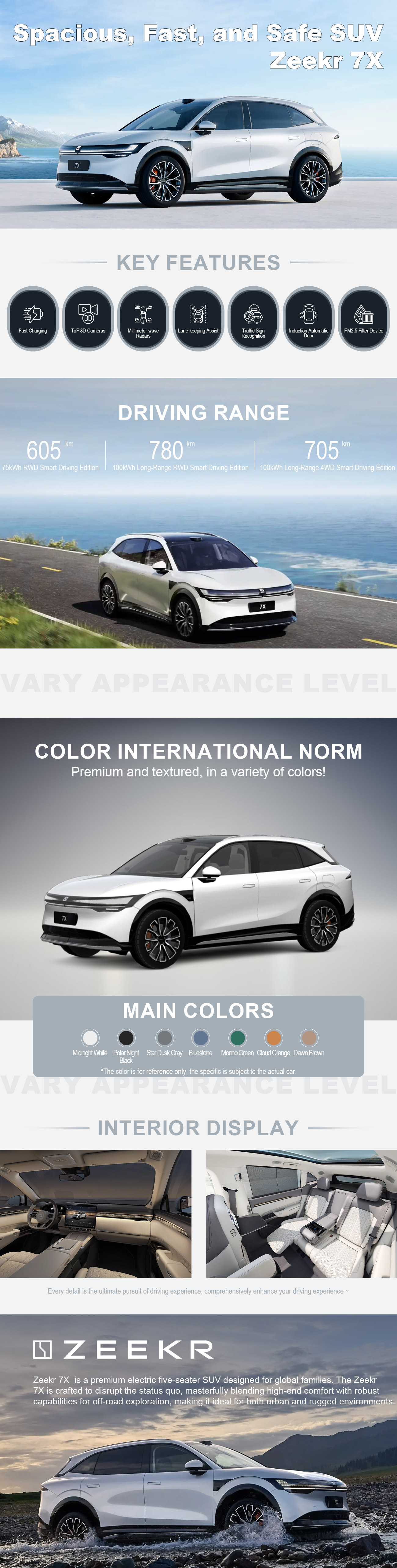 Zeekr 7X is a premium electric five-seater SUV designed for global families. The Zeekr 7X is crafted to disrupt the status quo, masterfully blending high-end comfort with robust capabilities for off-road exploration, making it ideal for both urban and rugged environments.